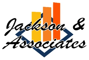 Logo for Jackson & Associates featuring stylized orange and yellow bars above the name in cursive font, with a blue diamond outline in the background.